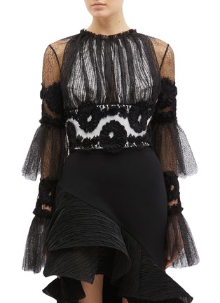 Main View - Click To Enlarge - MATICEVSKI - 'Rumba' tiered flared sleeve web lace cropped top