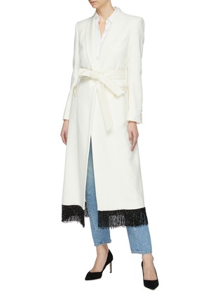 Figure View - Click To Enlarge - BLAZÉ MILANO - 'White Heater' belted fringe hem tweed long blazer