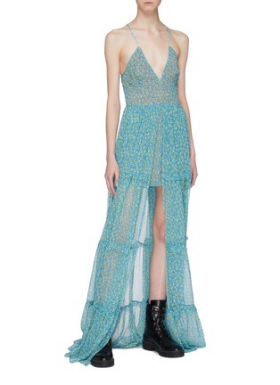 Figure View - Click To Enlarge - AMIRI - Split front floral print tiered silk camisole dress