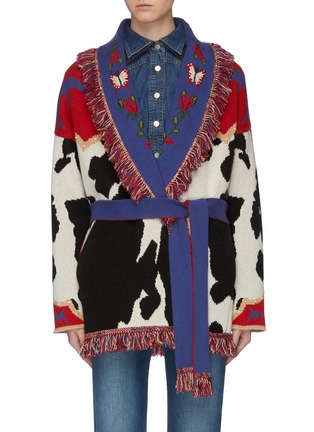 Main View - Click To Enlarge - ALANUI - 'Cow Jacquard' belted fringe oversized cashmere cardigan