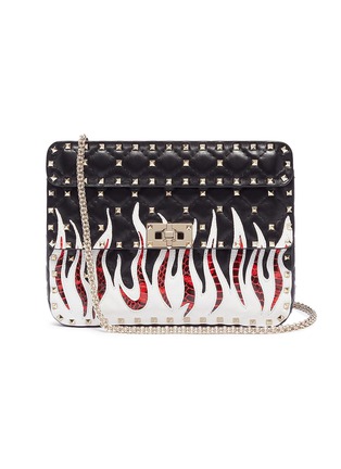 Main View - Click To Enlarge - VALENTINO GARAVANI - 'Rockstud Spike' flame appliqué medium quilted leather crossbody bag