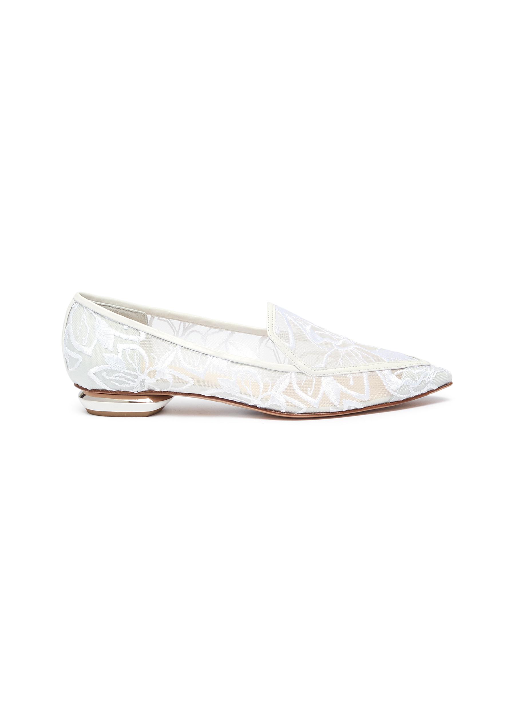 Click to view more detailed imagery on our partner's website Nicholas Kirkwood 'Beya' Floral Embroidered Metal Heel Mesh Skimmer Loafers In White / Floral Embroidered Mesh