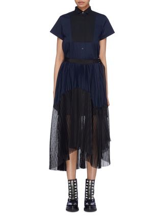 Main View - Click To Enlarge - SACAI - Colourblock pleated mesh panel belted poplin shirt dress