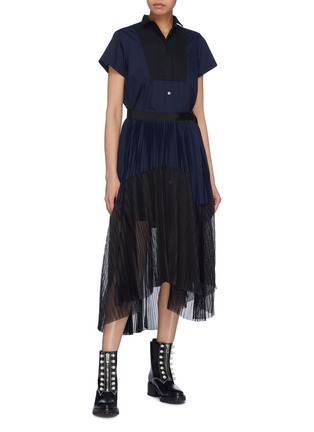 Figure View - Click To Enlarge - SACAI - Colourblock pleated mesh panel belted poplin shirt dress