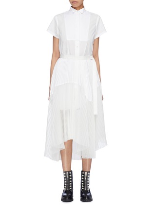 Main View - Click To Enlarge - SACAI - Pleated mesh panel belted poplin shirt dress