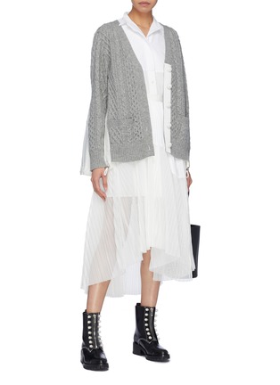 Figure View - Click To Enlarge - SACAI - Pleated mesh panel belted poplin shirt dress