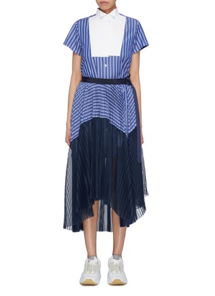 Main View - Click To Enlarge - SACAI - Colourblock pleated mesh panel belted stripe shirt dress