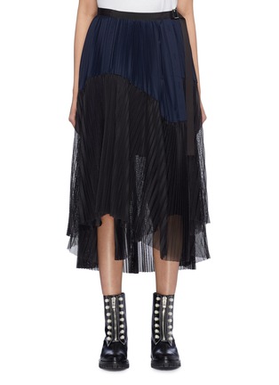 Main View - Click To Enlarge - SACAI - Colourblock mesh panel pleated belted poplin skirt