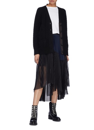 Figure View - Click To Enlarge - SACAI - Colourblock mesh panel pleated belted poplin skirt
