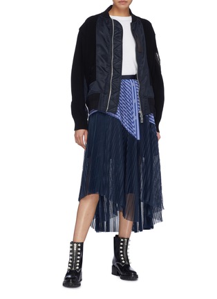 Figure View - Click To Enlarge - SACAI - Colourblock mesh panel pleated belted stripe poplin skirt