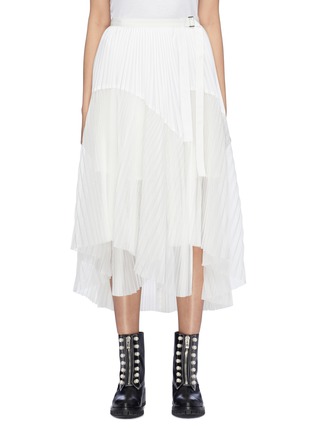 Main View - Click To Enlarge - SACAI - Mesh panel pleated belted poplin skirt