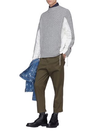 Figure View - Click To Enlarge - SACAI - Zip poplin outseam patchwork wool sweater