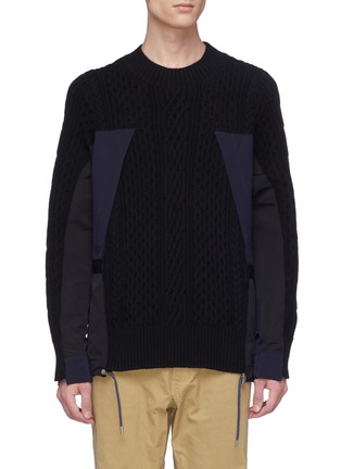 Main View - Click To Enlarge - SACAI - Zip poplin outseam patchwork wool sweater