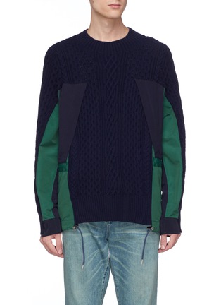Main View - Click To Enlarge - SACAI - Zip poplin outseam patchwork wool sweater