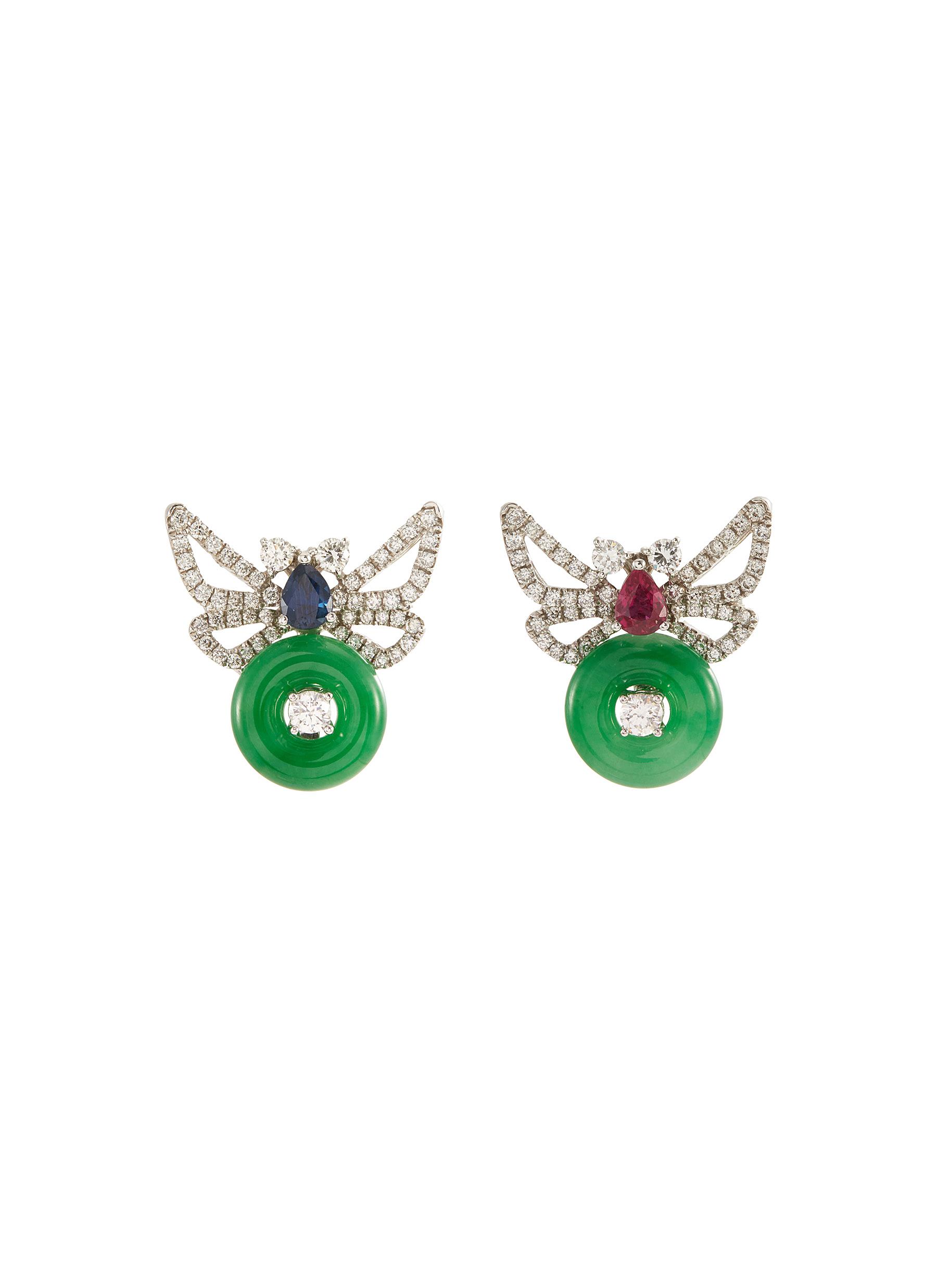 Diamond gemstone jadeite mismatched stud earrings