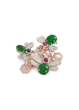 Detail View - Click To Enlarge - SAMUEL KUNG - Jadeite Diamond Ruby Sapphire 18K White And Yellow Gold Brooch