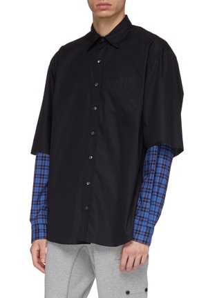 Detail View - Click To Enlarge - VETEMENTS - 'Fusion' layered check plaid sleeve panel oversized unisex shirt
