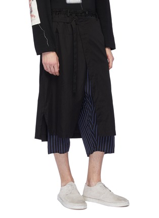 Front View - Click To Enlarge - YOHJI YAMAMOTO - Contrast overlay wrap pinstripe pants
