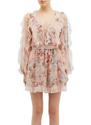 Main View - Click To Enlarge - ZIMMERMANN - 'Bowie Frill' belted ruffle floral print silk rompers