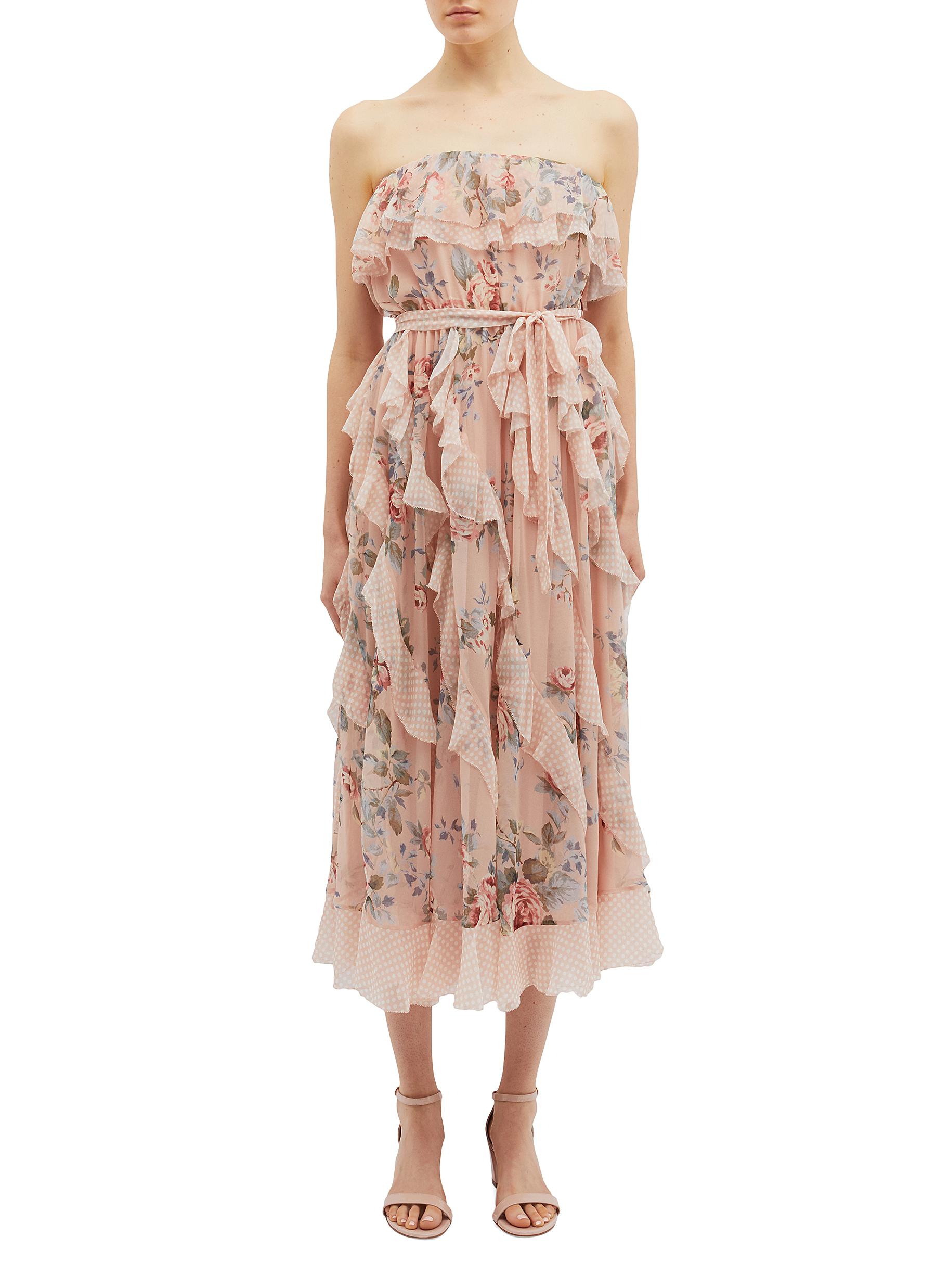 Bowie Waterfall ruffle floral print silk strapless dress by Zimmermann