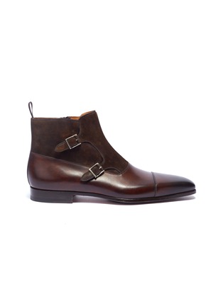 Main View - Click To Enlarge - MAGNANNI - Suede panel double monk strap leather boots