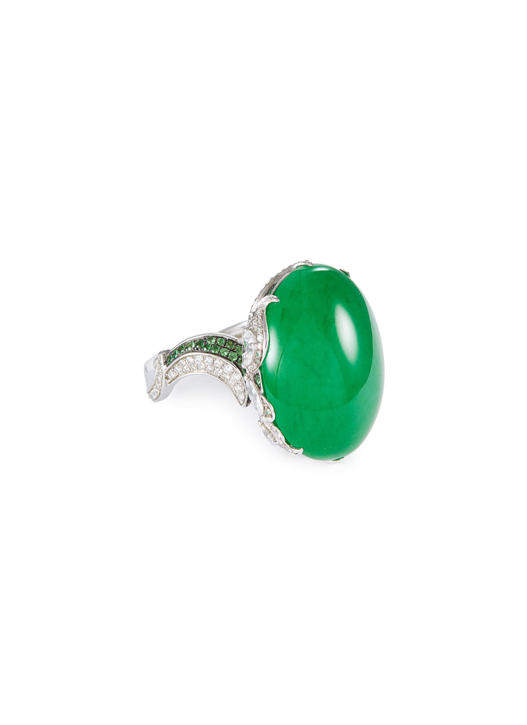 Diamond garnet jade 18k white gold ring
