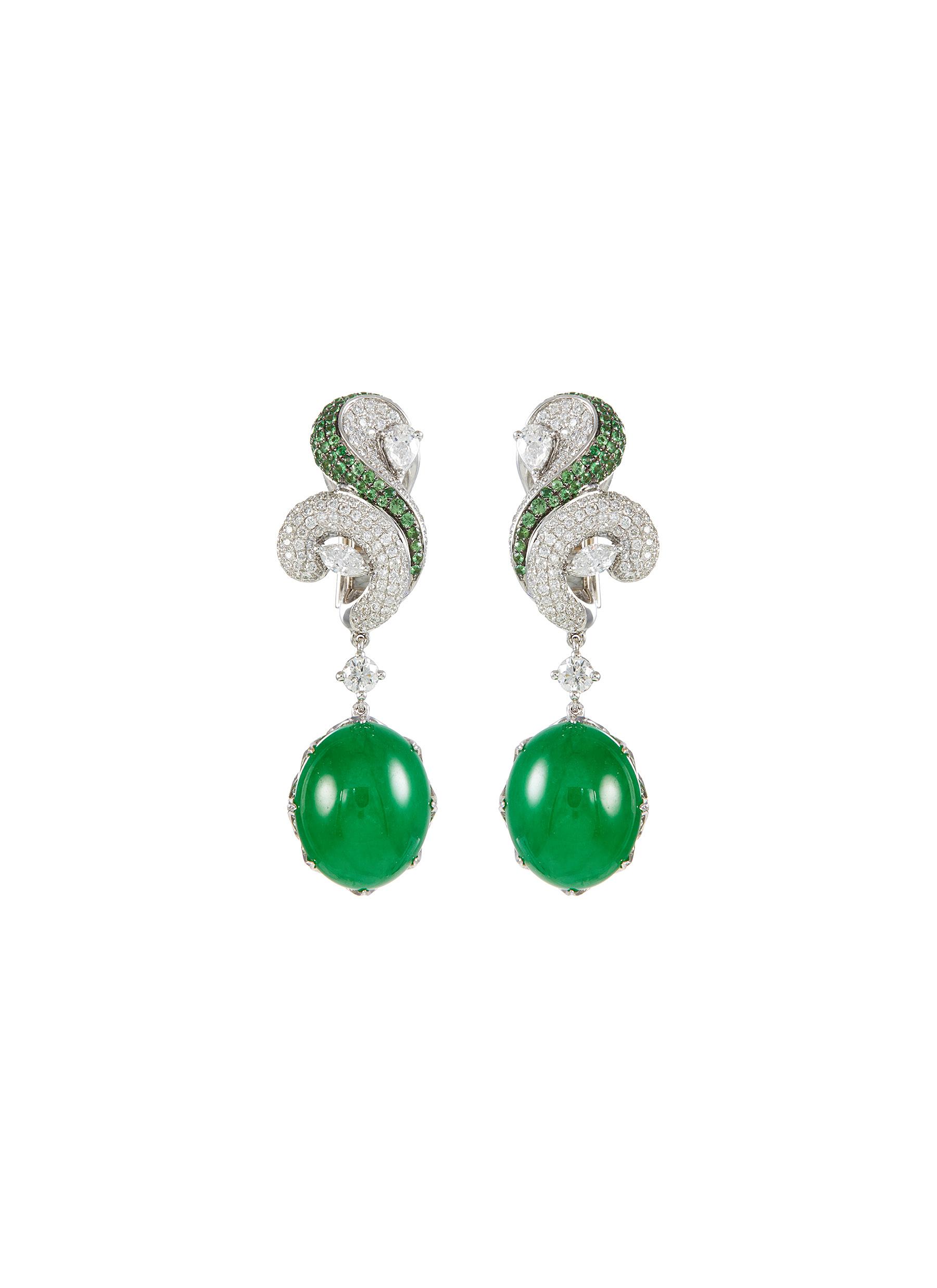 Diamond garnet jade 18k white gold drop earrings
