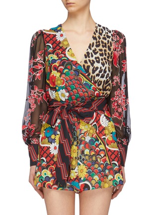 Main View - Click To Enlarge - ALICE & OLIVIA - 'Nelia' belted blouson sleeve mix print rompers