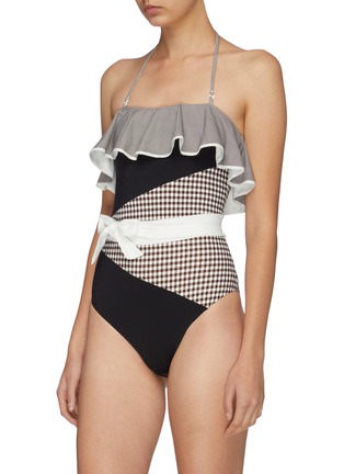 Detail View - Click To Enlarge - MARYSIA - 'Greenport Maillot' belted gingham check panel one-piece swimsuit