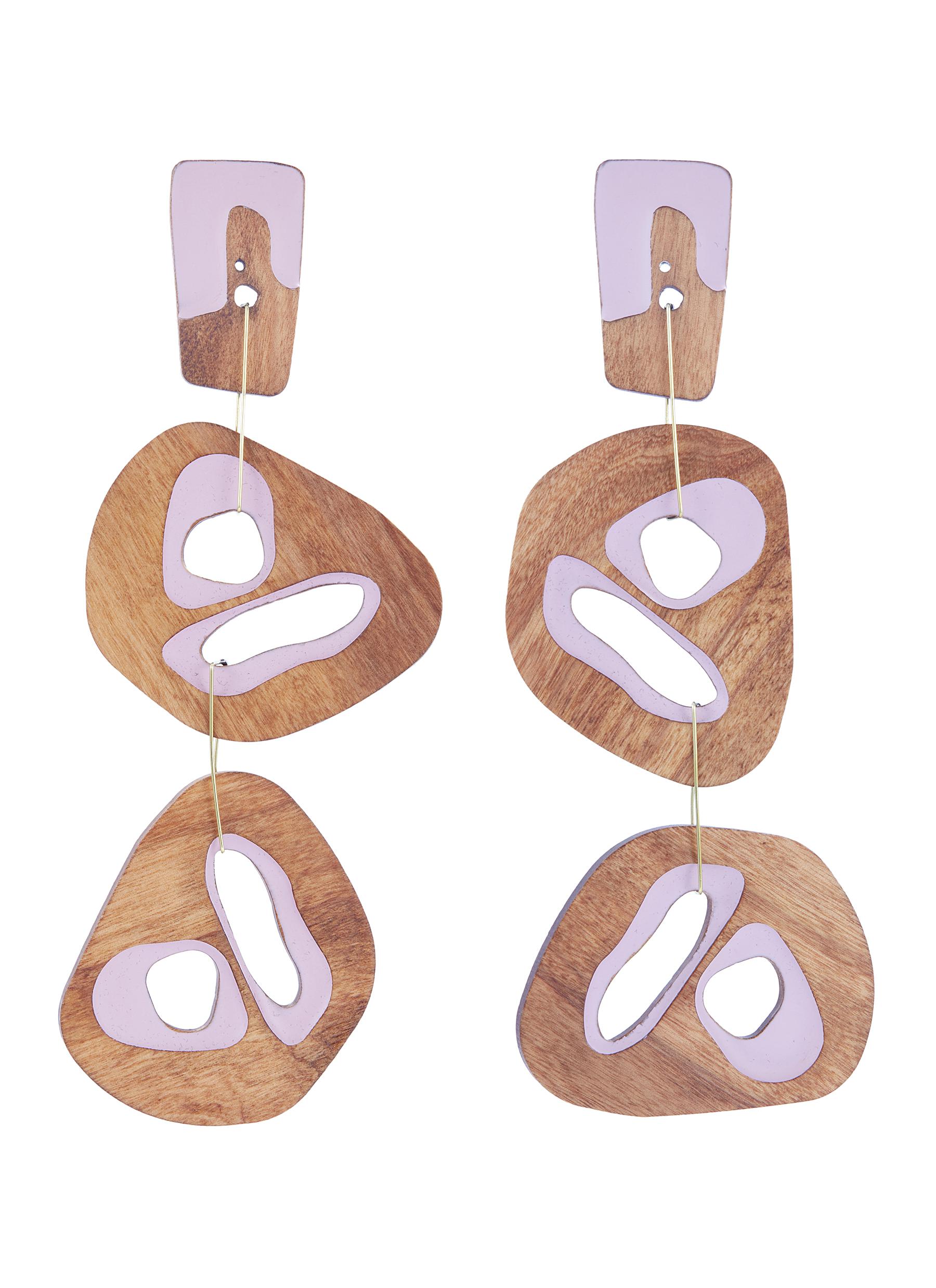 Cutout sculptural wood mismatched drop earrings