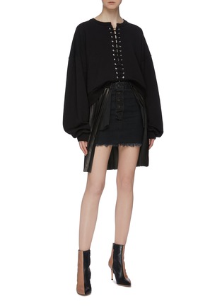 Figure View - Click To Enlarge - BEN TAVERNITI UNRAVEL PROJECT  - Pleated leather overlay panel denim skirt