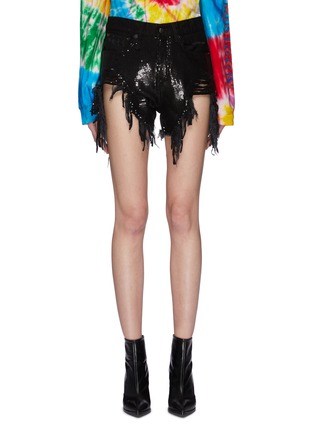 Main View - Click To Enlarge - R13 - 'Shredded Slouch' sequin panel denim shorts