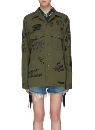 Main View - Click To Enlarge - R13 - 'Surplus' mix slogan graphic embroidered fringe shirt jacket