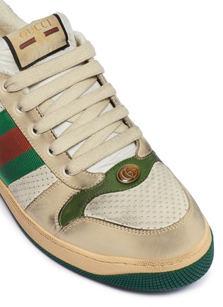 Detail View - Click To Enlarge - GUCCI - 'Screener' Web stripe distressed leather sneakers