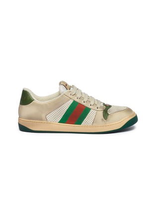 Main View - Click To Enlarge - GUCCI - 'Screener' Web stripe distressed leather sneakers