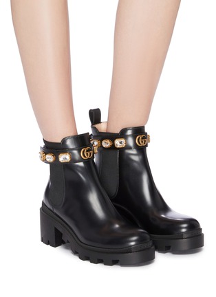 Figure View - Click To Enlarge - GUCCI - 'Trip' jewelled GG logo ankle strap leather Chelsea boots