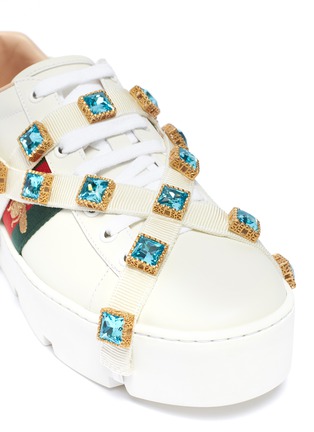 Detail View - Click To Enlarge - GUCCI - 'Ace' glass crystal strap leather flatform sneakers