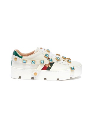 Main View - Click To Enlarge - GUCCI - 'Ace' glass crystal strap leather flatform sneakers