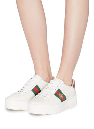 Figure View - Click To Enlarge - GUCCI - 'Ace' glass crystal strap leather flatform sneakers