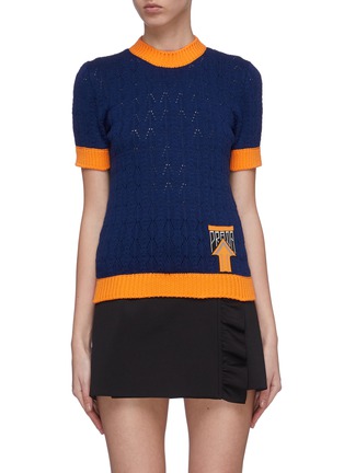 Main View - Click To Enlarge - PRADA - Arrow logo jacquard contrast border crochet knit top