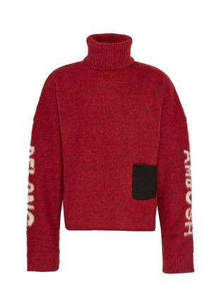 Main View - Click To Enlarge - AMBUSH - Patch pocket slogan logo intarsia turtleneck sweater