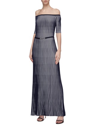 Figure View - Click To Enlarge - GABRIELA HEARST - 'Cerros' belted stripe off-shoulder virgin wool knit dress