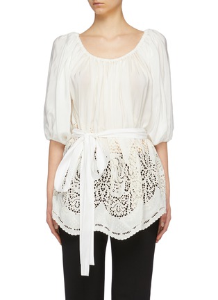 Main View - Click To Enlarge - STELLA MCCARTNEY - Belted broderie anglaise hem silk satin top