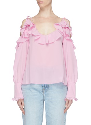 Main View - Click To Enlarge - STELLA MCCARTNEY - Tie ruffle silk cold shoulder top