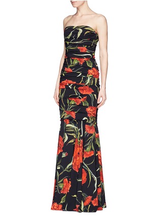 Front View - Click To Enlarge - - - Carnation print drape strapless mermaid gown