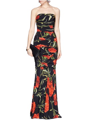 Figure View - Click To Enlarge - - - Carnation print drape strapless mermaid gown
