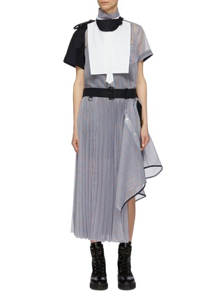 Main View - Click To Enlarge - SACAI - Bib drape pleated stripe asymmetric organdy dress