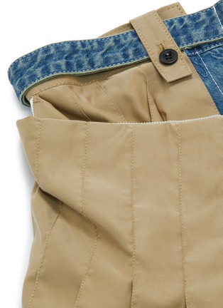  - SACAI - Pleated twill asymmetric wrap panel patchwork denim shorts