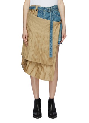 Main View - Click To Enlarge - SACAI - Pleated twill asymmetric wrap panel patchwork denim shorts