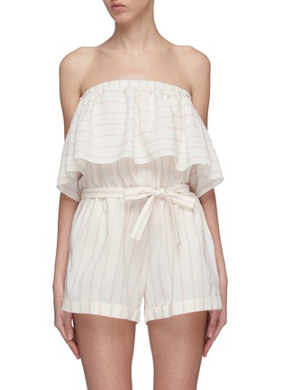 Main View - Click To Enlarge - LEM LEM - 'Aweke' belted ruffle overlay stripe strapless rompers
